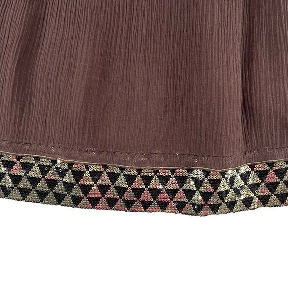 Rozae Nichols Silk Mini Skirt Brown Pleated Gold Accent Pull On Size 2 - Picture 10 of 13